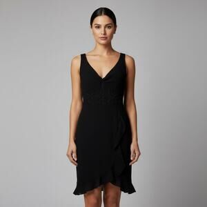 Vintage CDC Black Embellished V Neck Sleeveless Ruffle Dress Women's Size 8